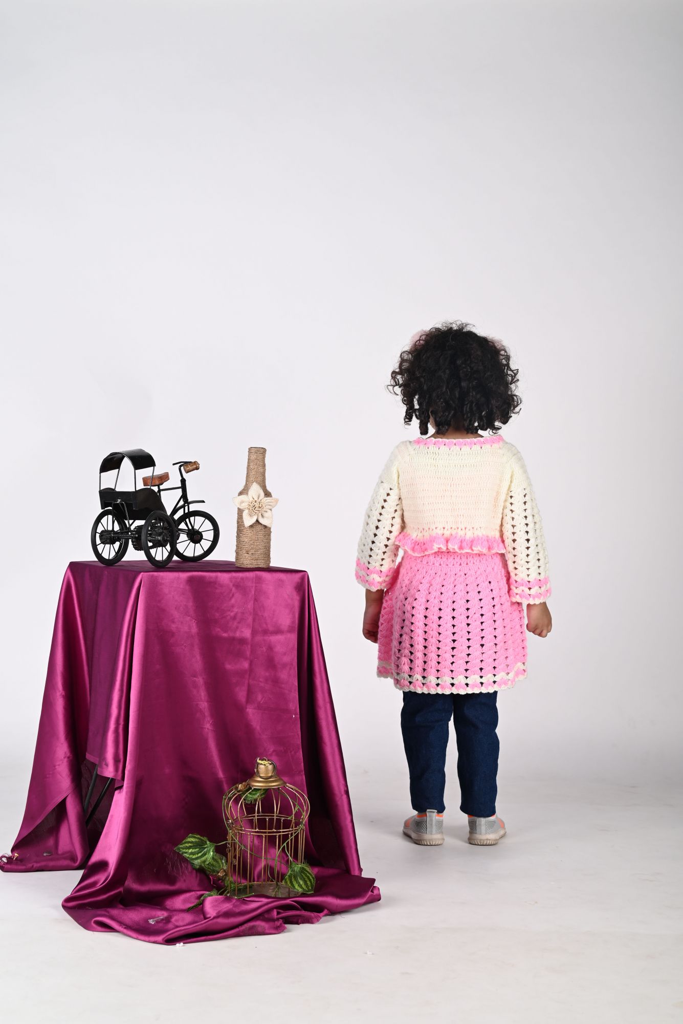 Woonie Dress With Full Sleeves Flower Design Jacket -Pink