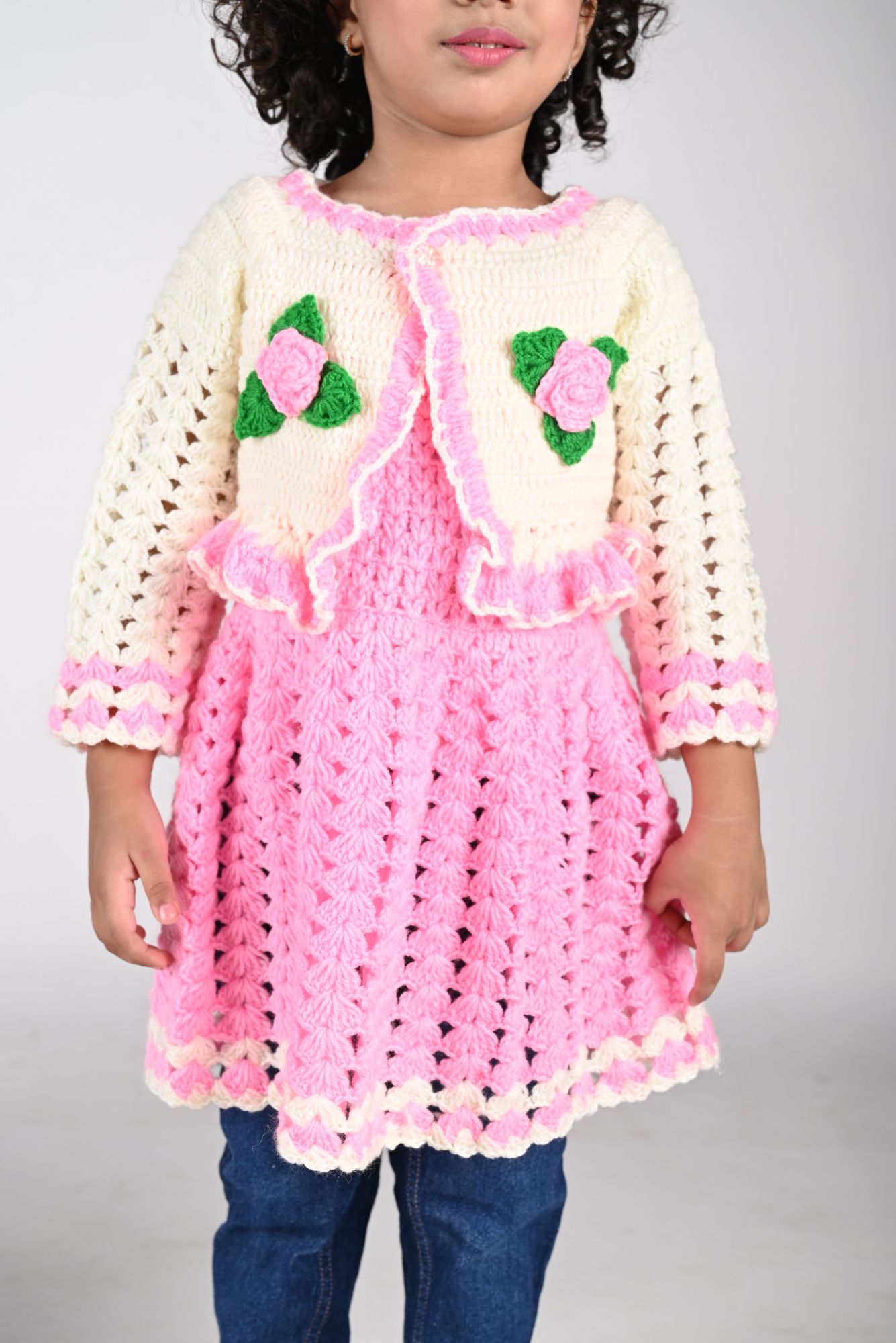 Woonie Dress With Full Sleeves Flower Design Jacket -Pink