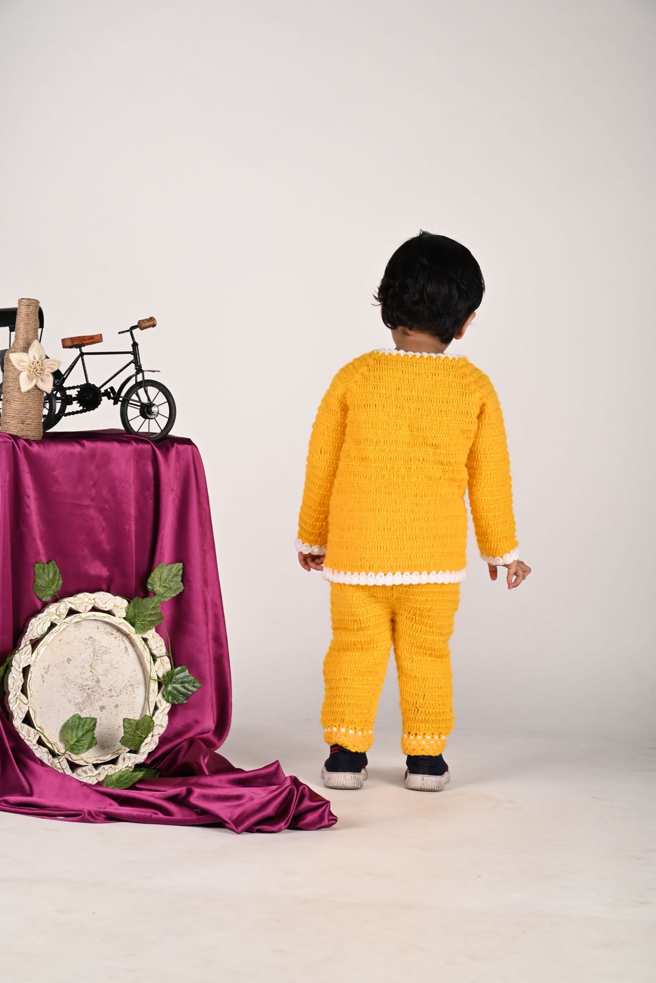 Handmade Crochet Full Sleeves 3Pc Set With Crop Top Front Openable Sweater & Sunflower Applique Pant-Yellow