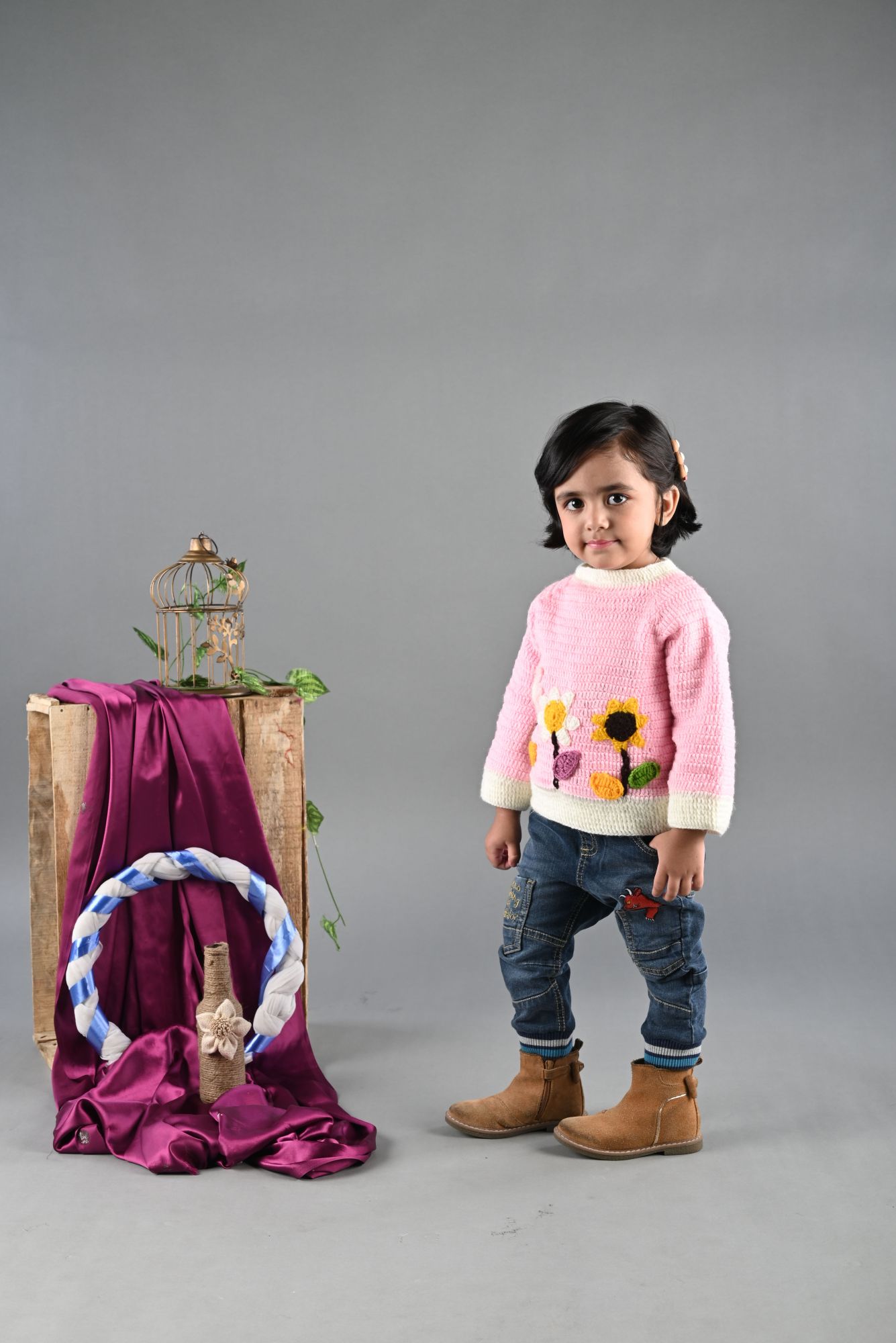 HandCrafted Full Sleeves Sunflower Applique Crochet Pullover Sweater With Cap-Pink