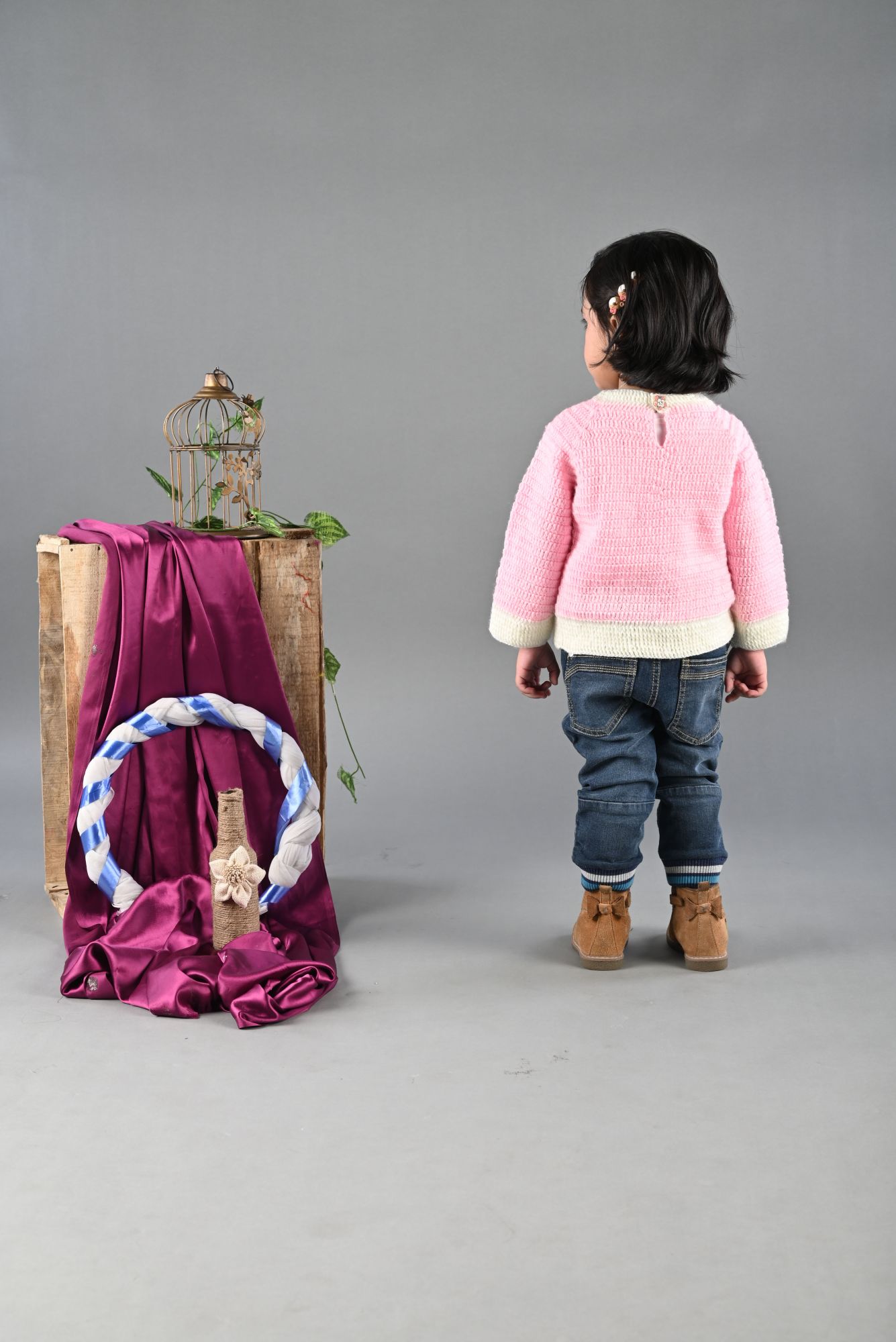 HandCrafted Full Sleeves Sunflower Applique Crochet Pullover Sweater With Cap-Pink