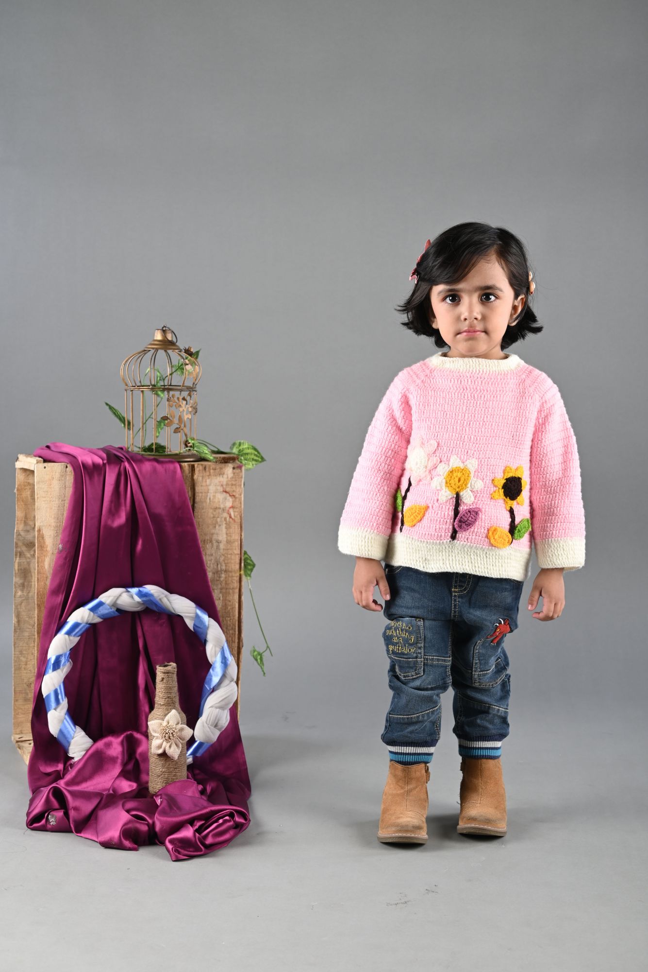 HandCrafted Full Sleeves Sunflower Applique Crochet Pullover Sweater With Cap-Pink