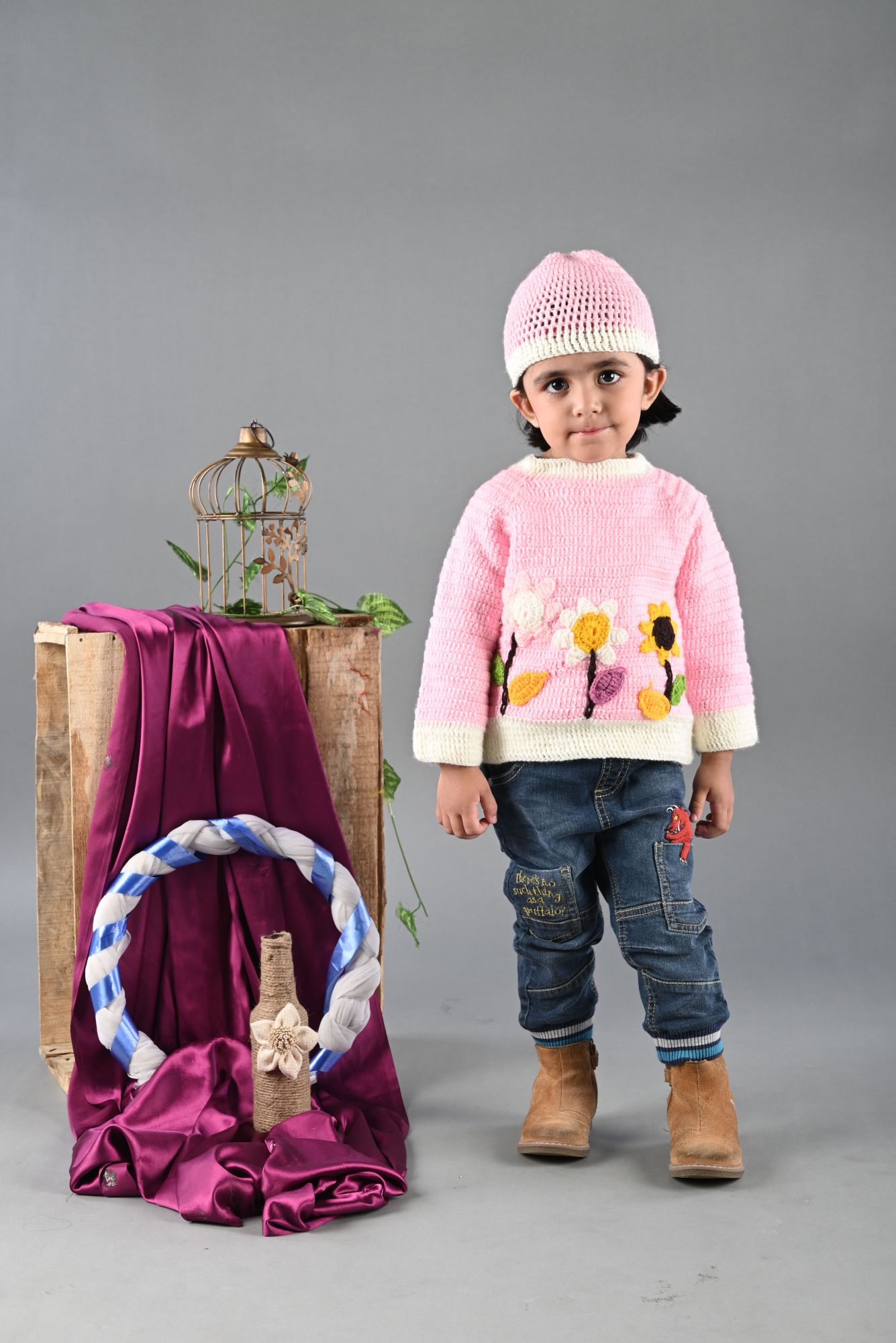 HandCrafted Full Sleeves Sunflower Applique Crochet Pullover Sweater With Cap-Pink