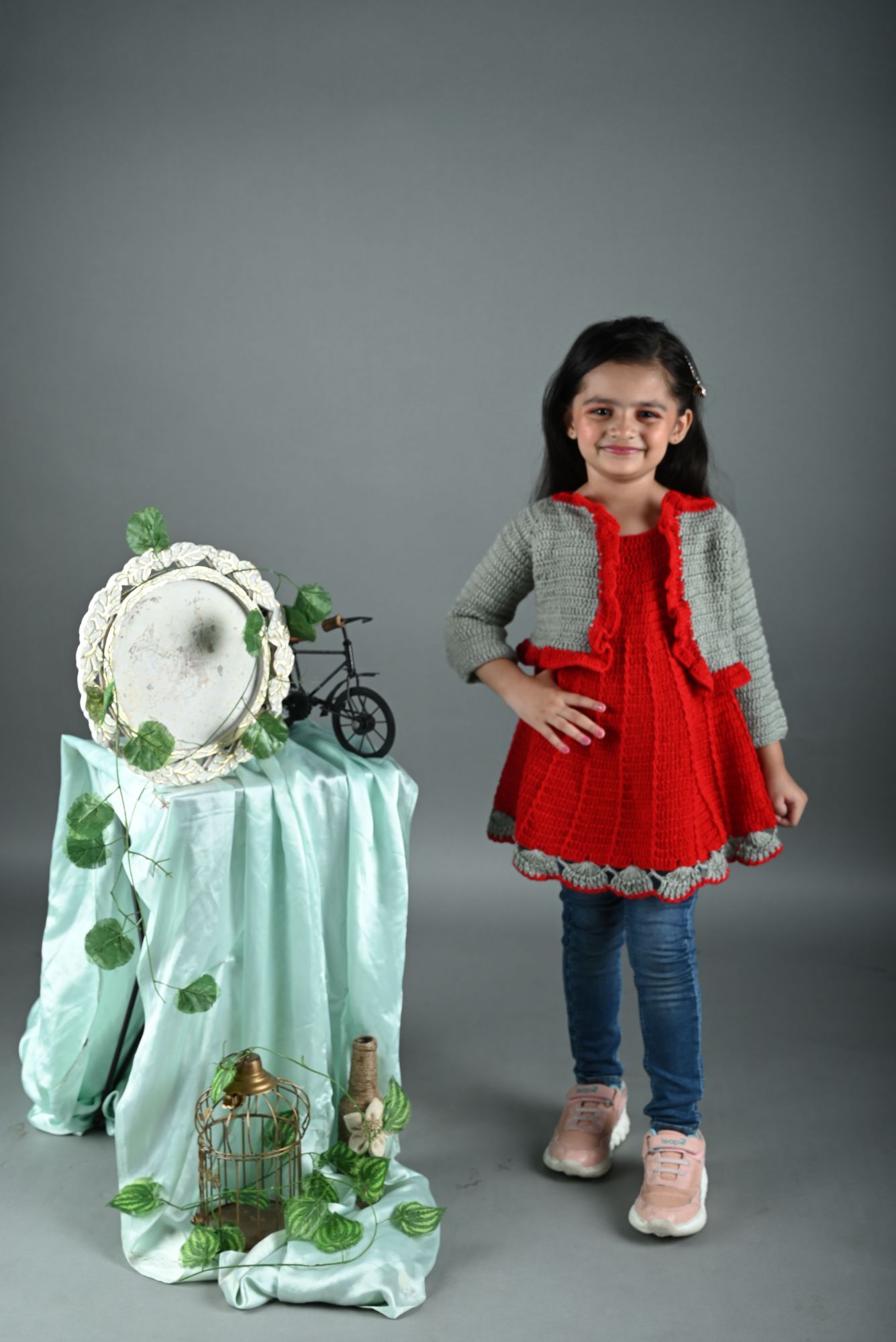 Woonie Dress With Full Sleeves Frill Detail Jacket -Red