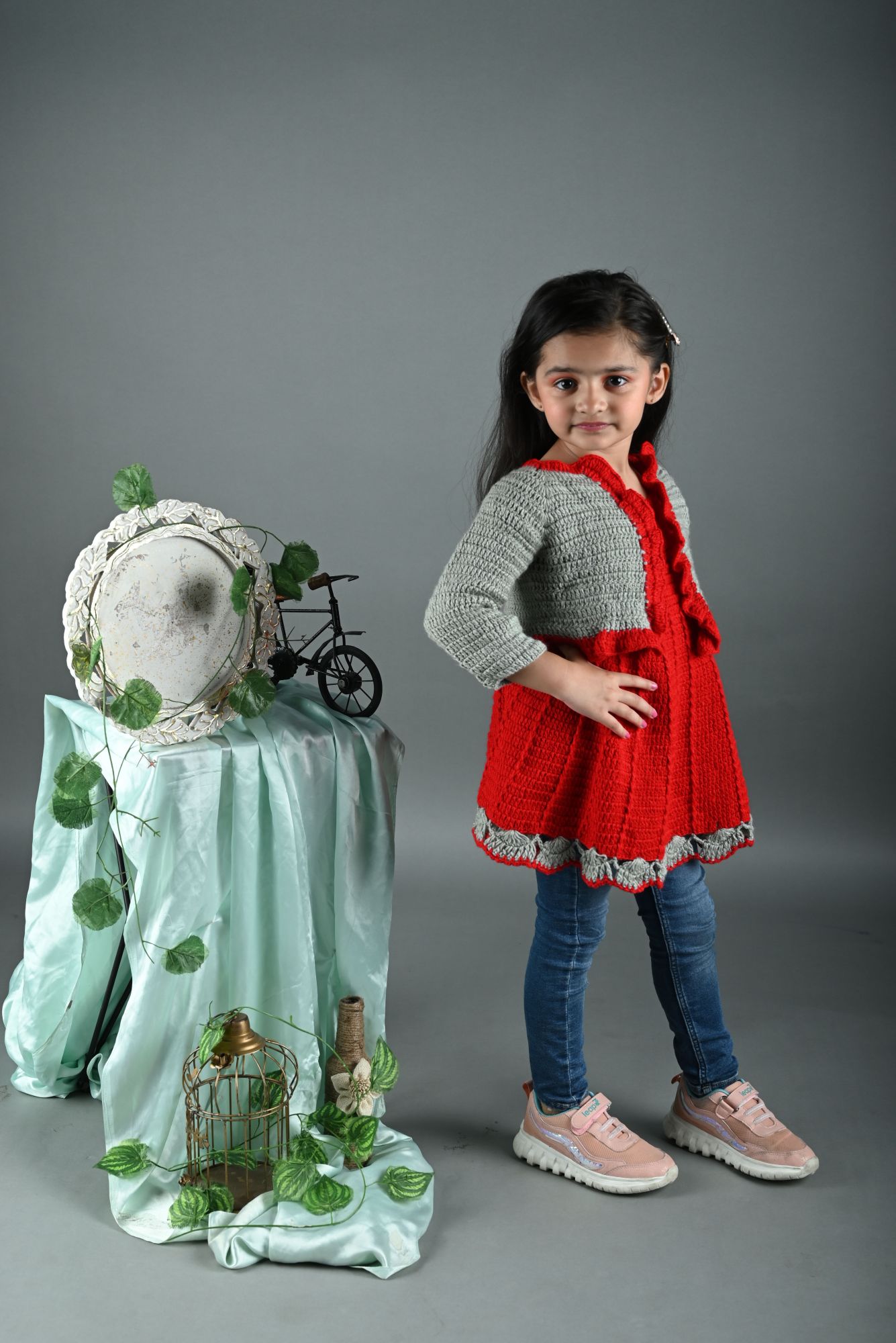 Woonie Dress With Full Sleeves Frill Detail Jacket -Red