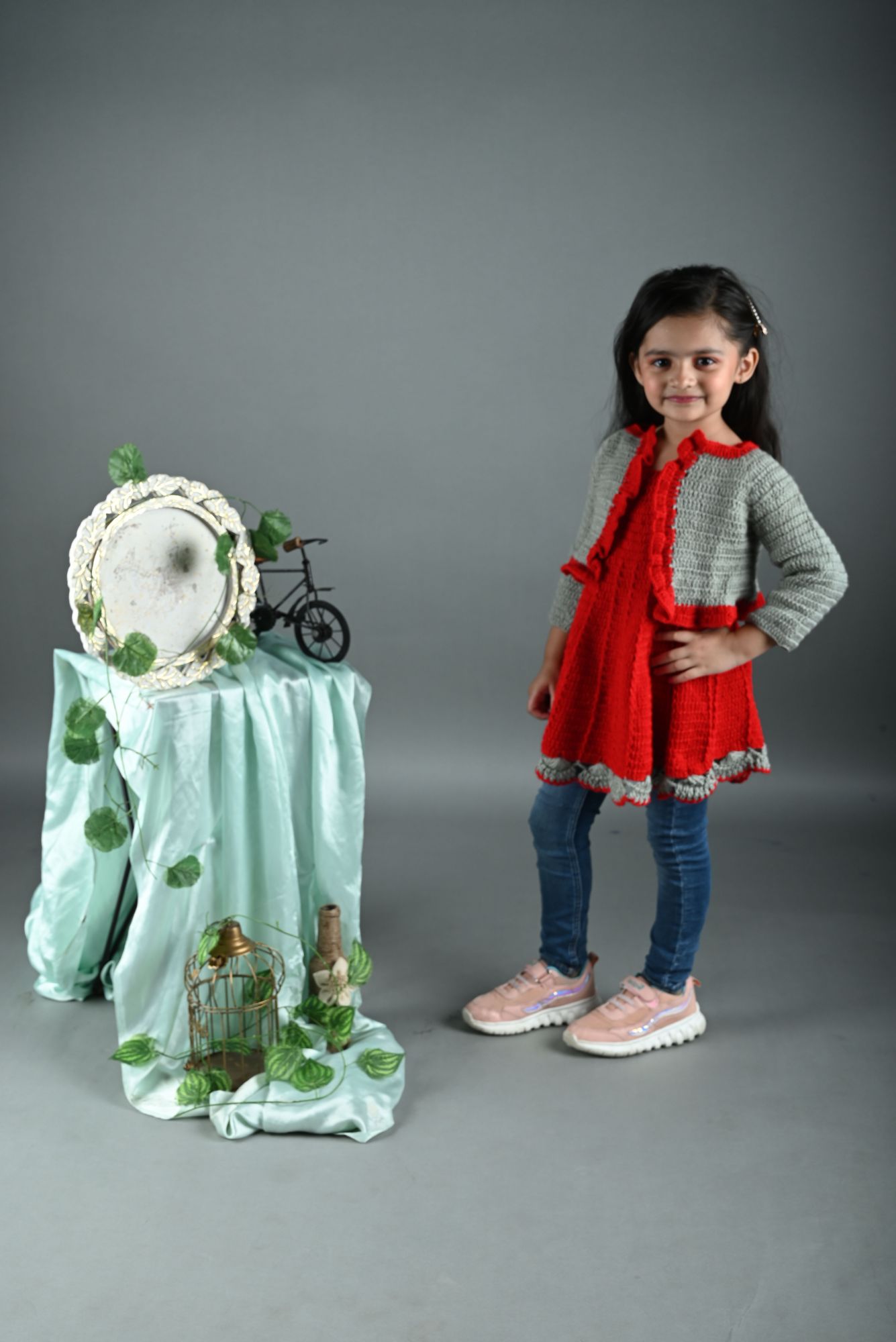 Woonie Dress With Full Sleeves Frill Detail Jacket -Red