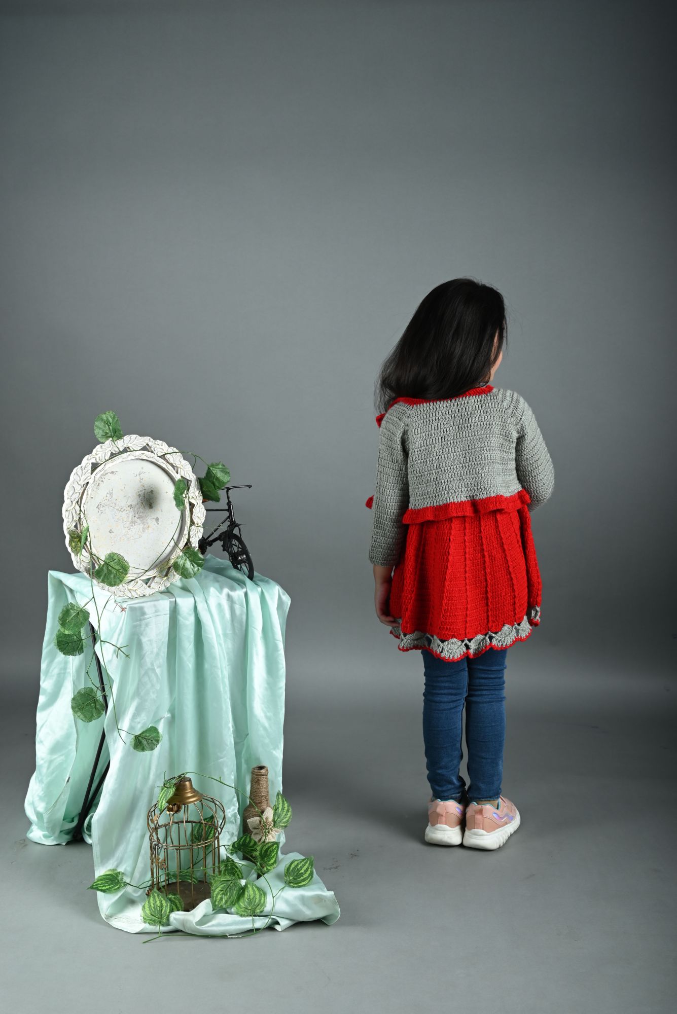 Woonie Dress With Full Sleeves Frill Detail Jacket -Red
