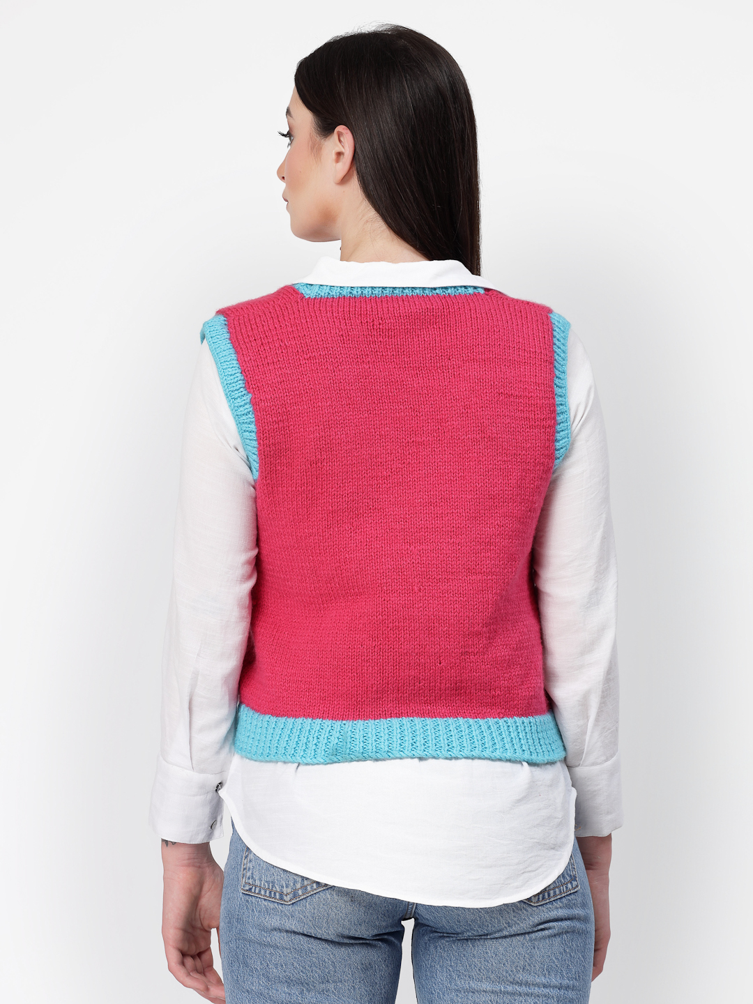 Handknitted Floral Embroidery Sleeveless Womens Magenta Sweater