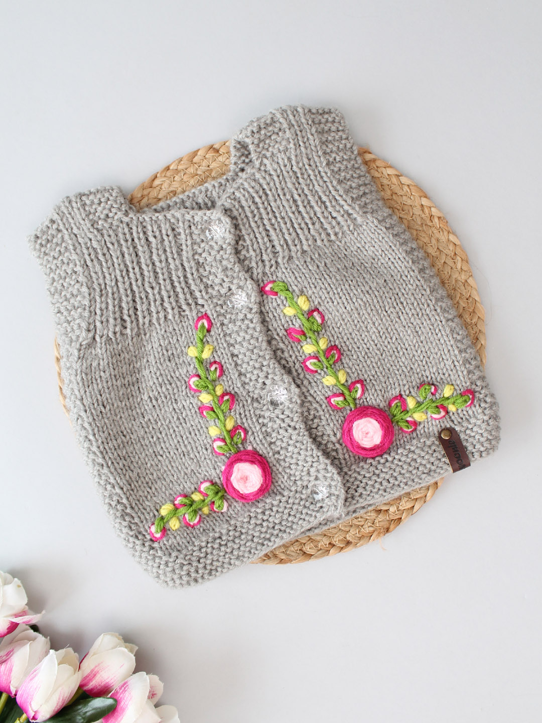 Hand Knitted Infant Thermal Wear with Floral Embroidery - Grey