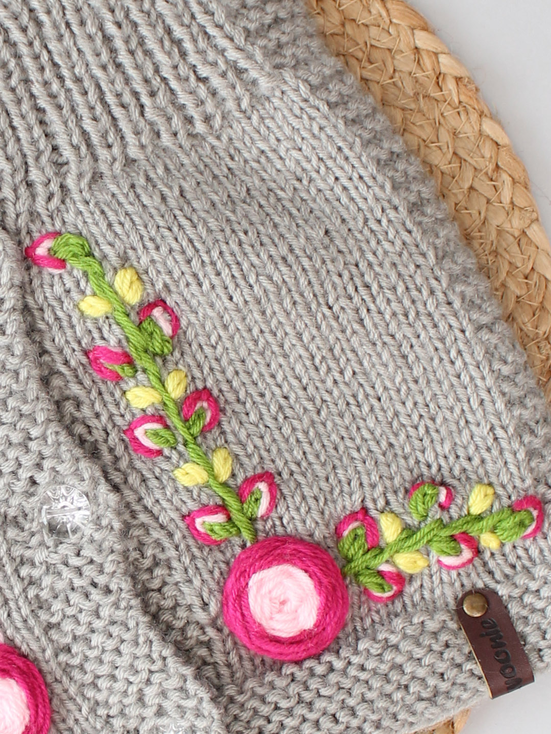 Hand Knitted Infant Thermal Wear with Floral Embroidery - Grey