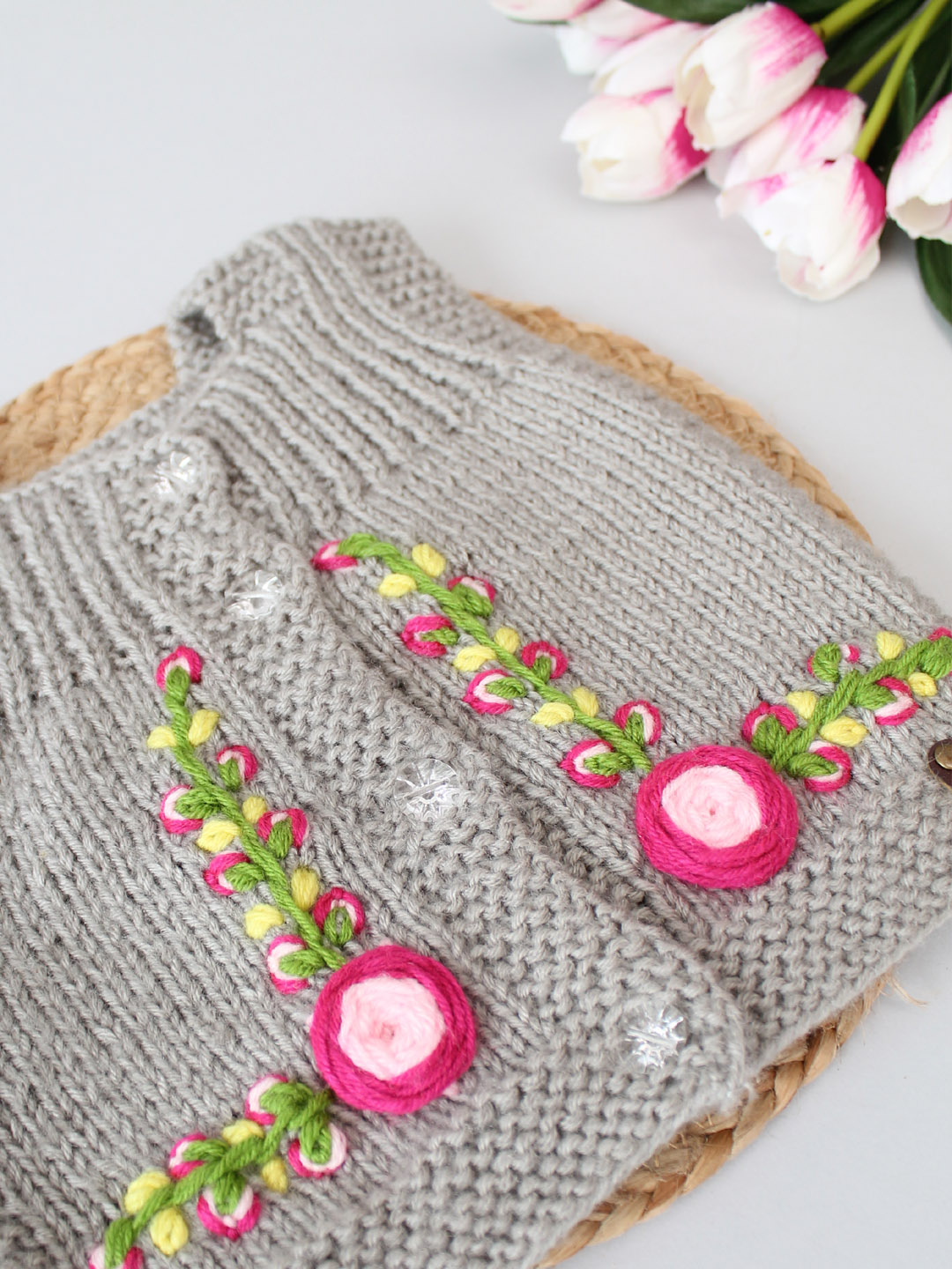 Hand Knitted Infant Thermal Wear with Floral Embroidery - Grey