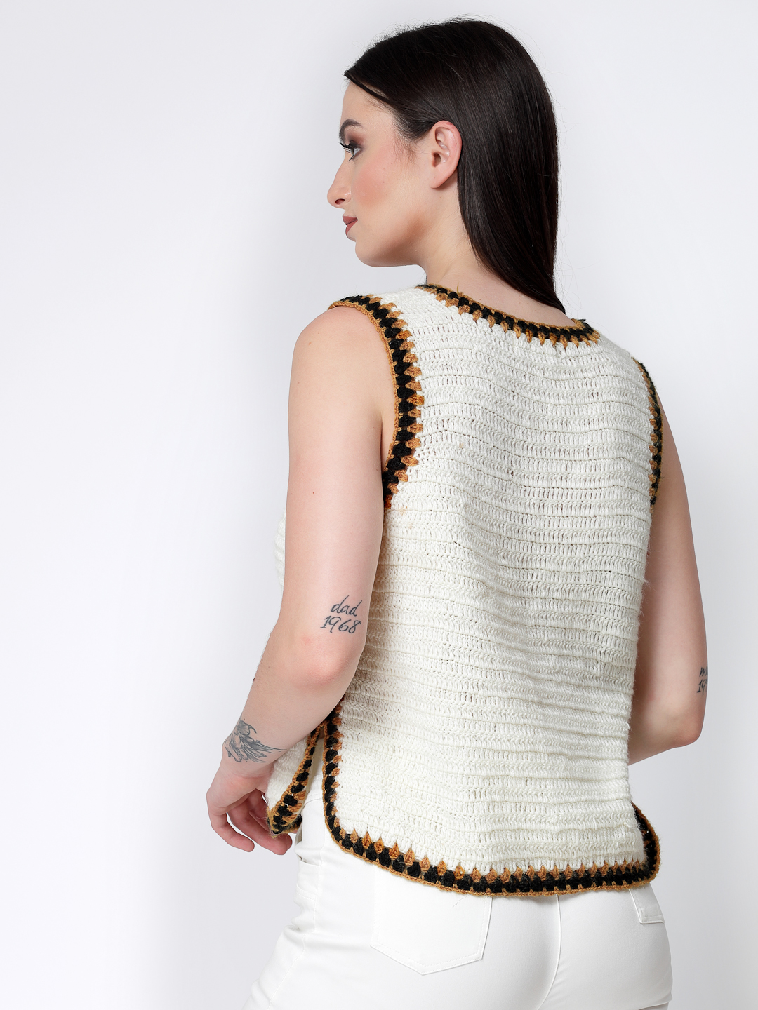 Velvery Handmade Crochet Side Slit Sweater Vest - Off-White