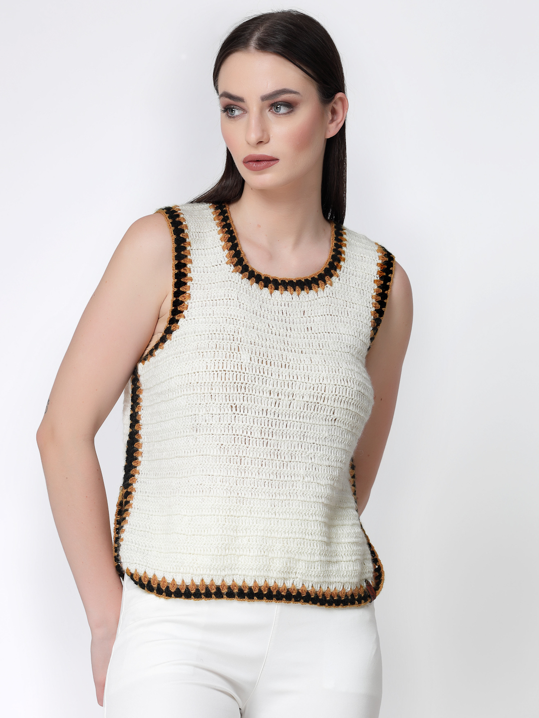 Velvery Handmade Crochet Side Slit Sweater Vest - Off-White