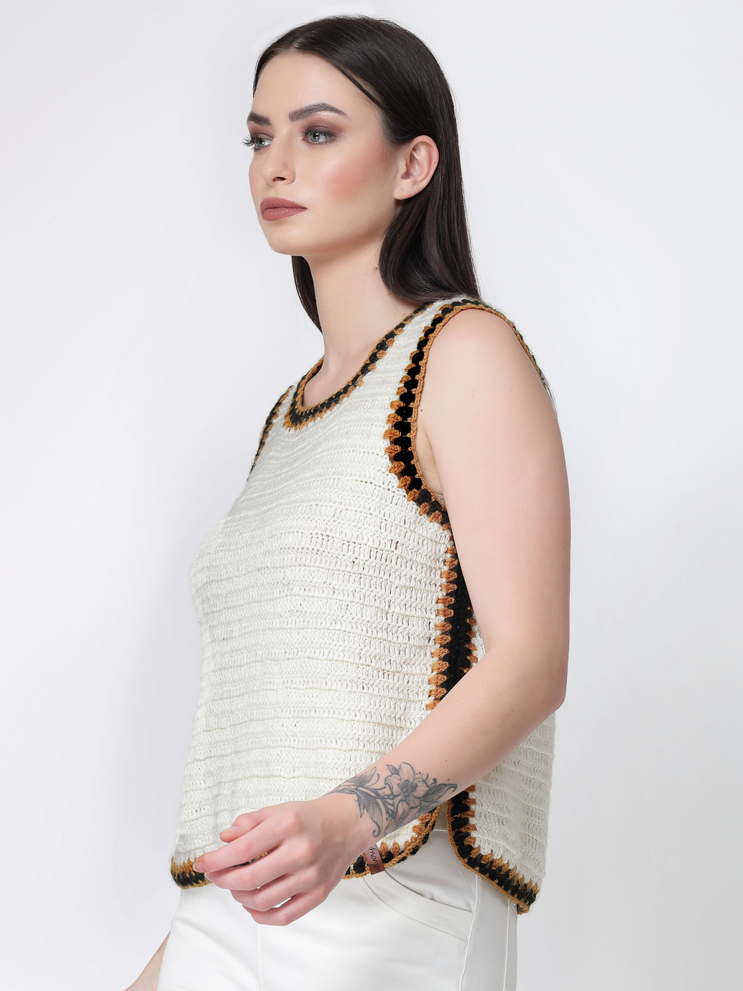 Velvery Handmade Crochet Side Slit Sweater Vest - Off-White