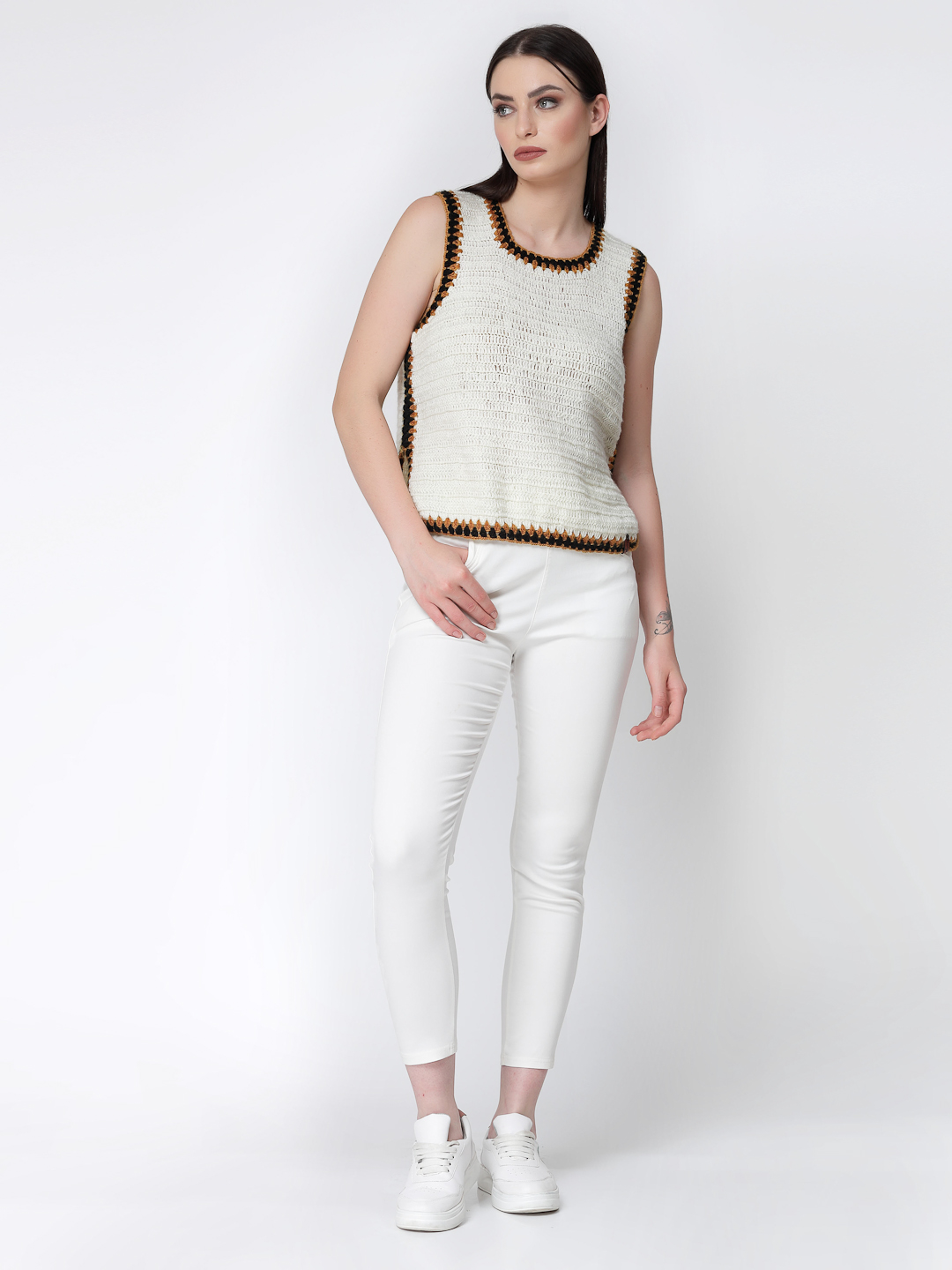 Velvery Handmade Crochet Side Slit Sweater Vest - Off-White