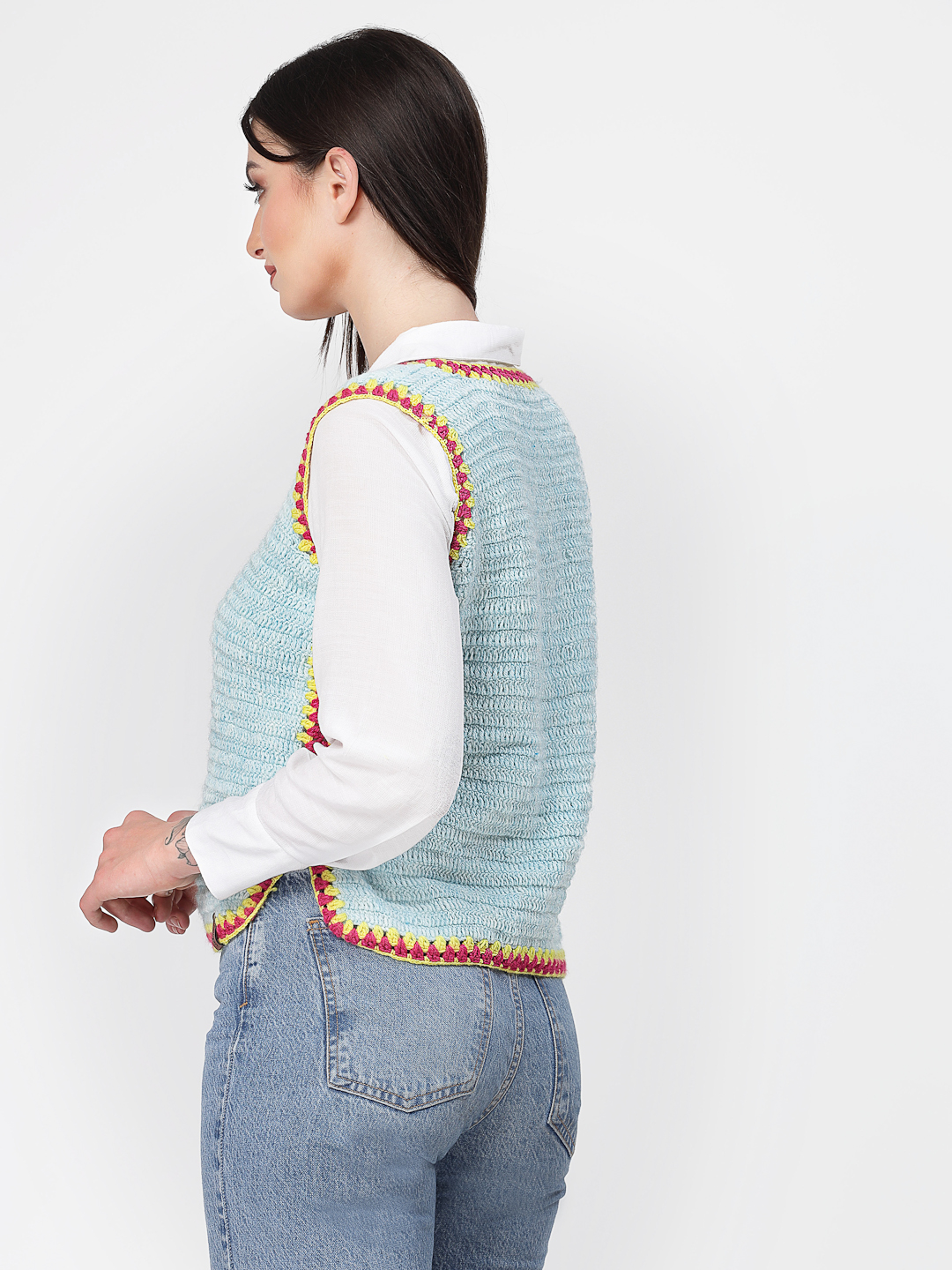 Handmade Side Slit Stylish Woolen Sweater for Women - Sky Blue