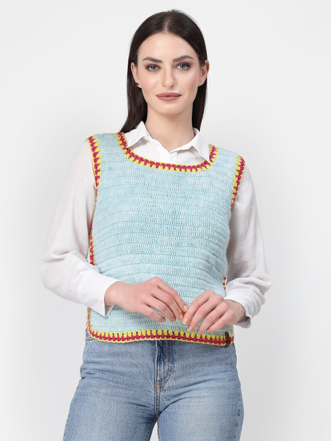 Handmade Side Slit Stylish Woolen Sweater for Women - Sky Blue