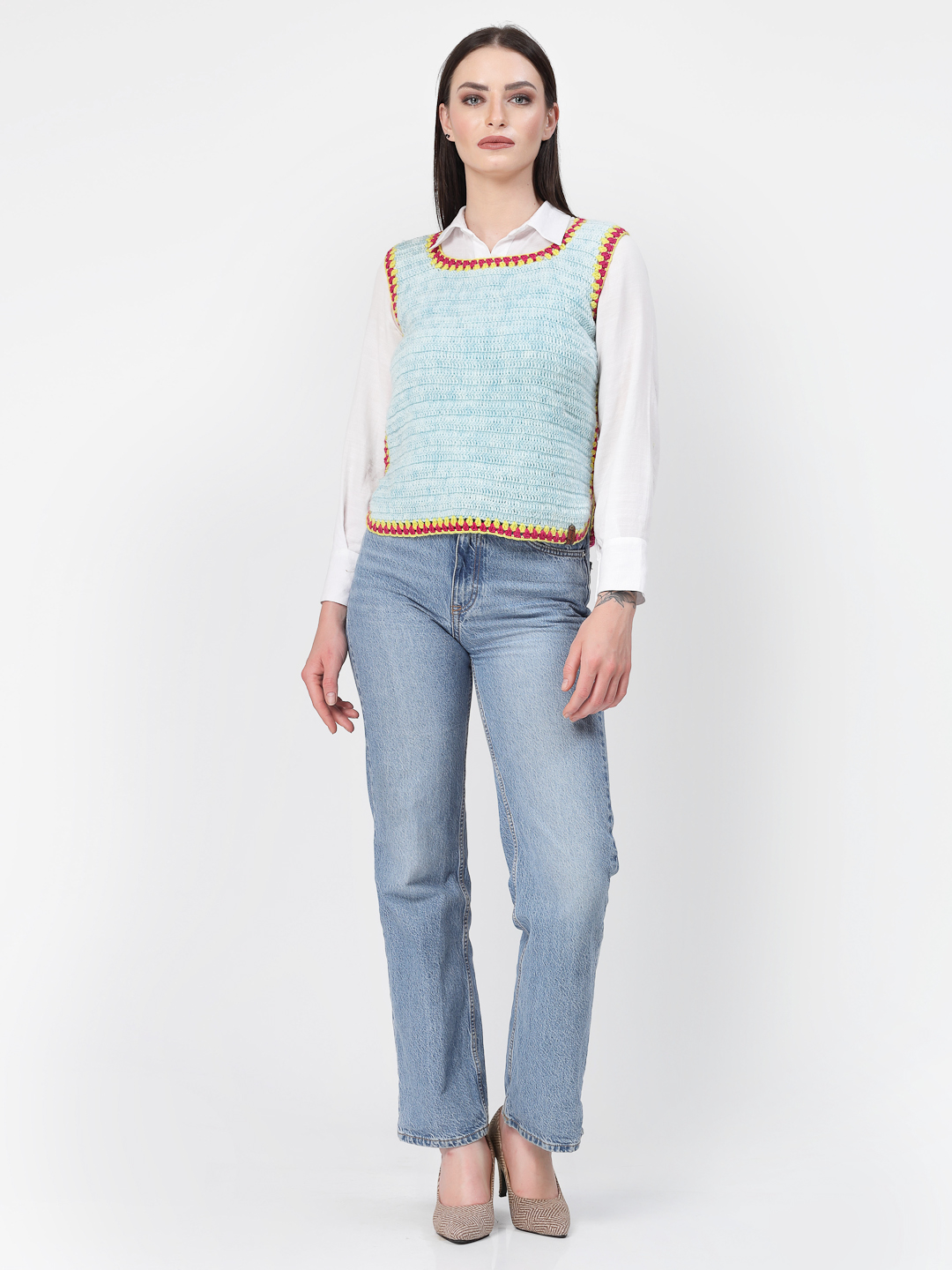 Handmade Side Slit Stylish Woolen Sweater for Women - Sky Blue