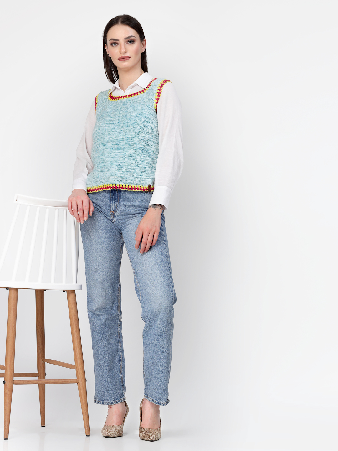 Handmade Side Slit Stylish Woolen Sweater for Women - Sky Blue