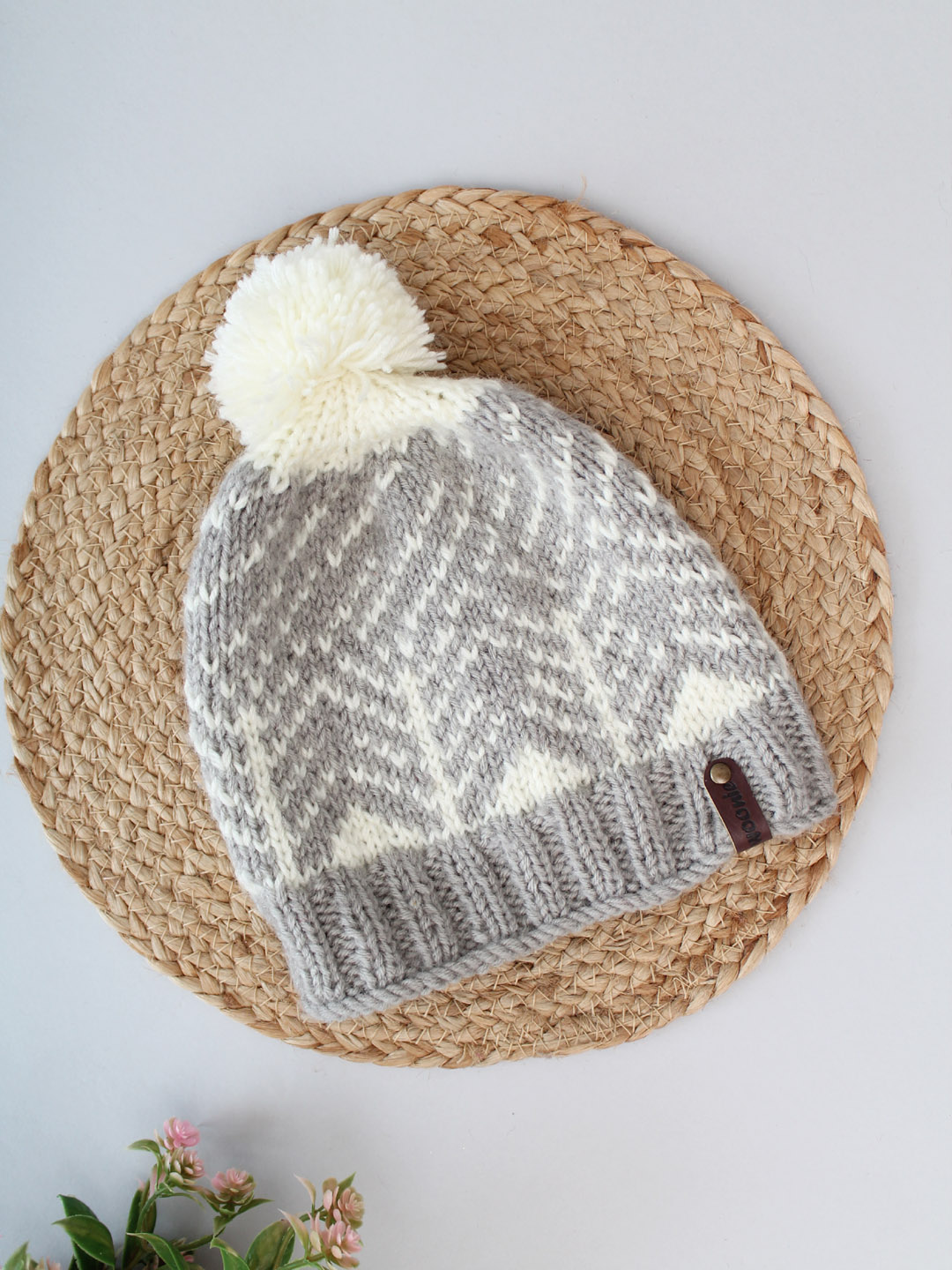 Fair Isle Beanie with Pom Pom - Grey and Cream