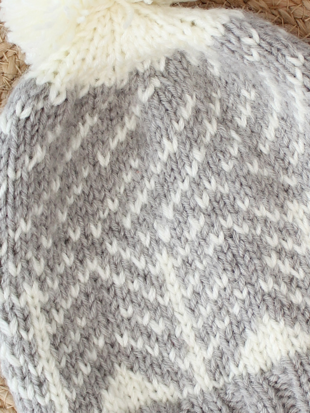 Fair Isle Beanie with Pom Pom - Grey and Cream