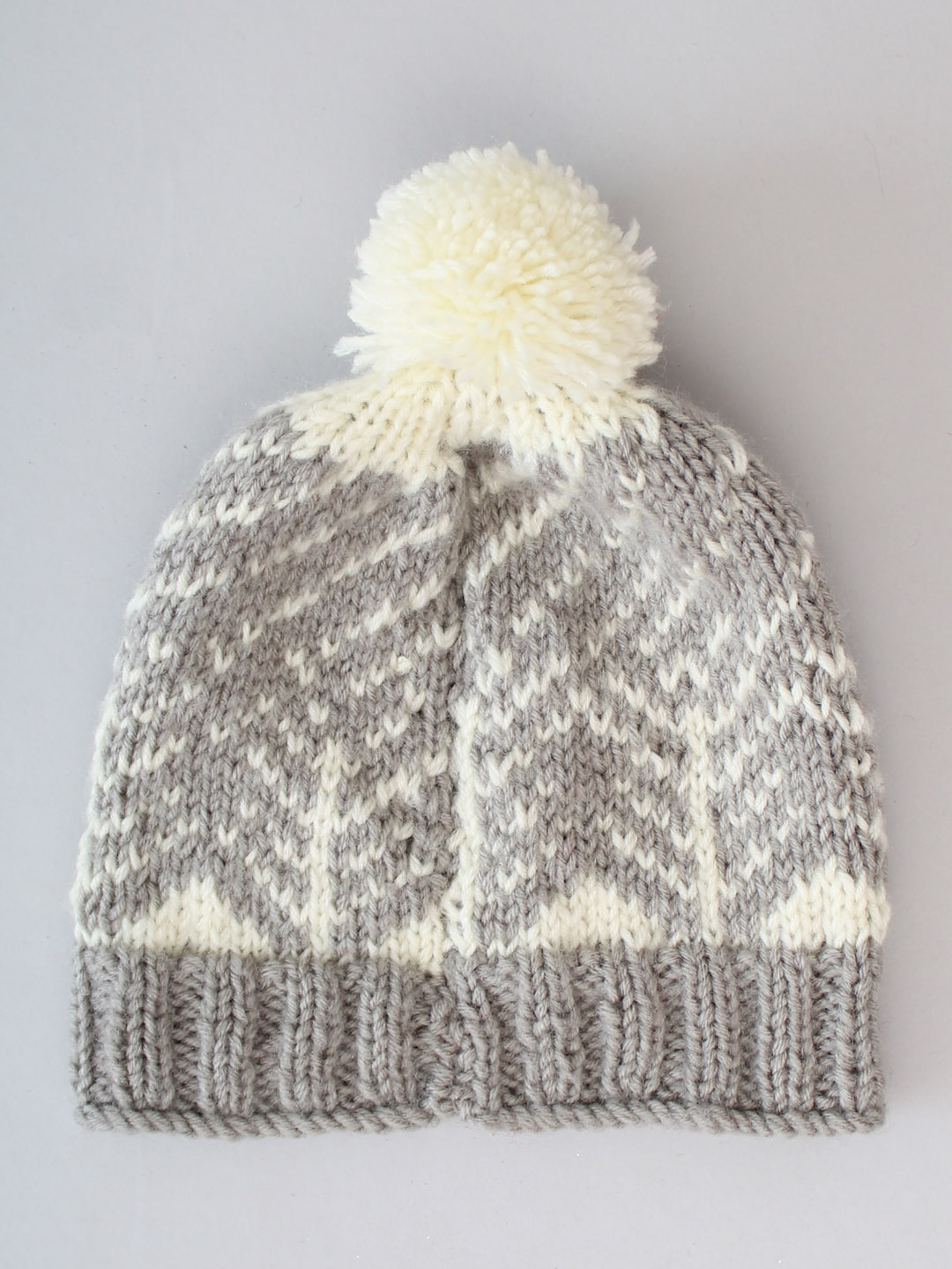 Fair Isle Beanie with Pom Pom - Grey and Cream