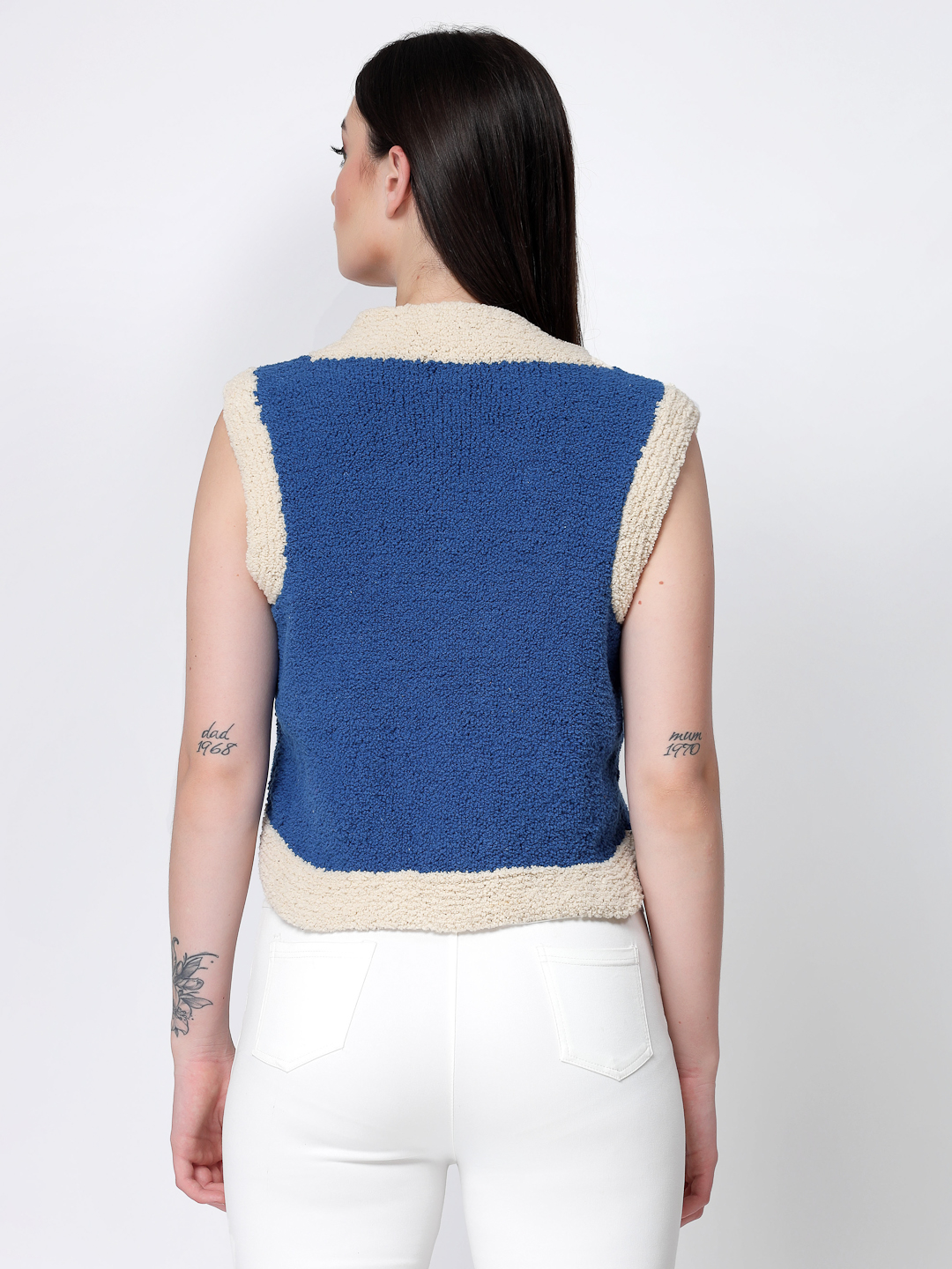 Crochet Self Design Front Open Faux Fur Sweater Vest Blue