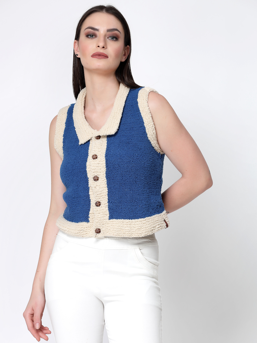 Crochet Self Design Front Open Faux Fur Sweater Vest - Blue