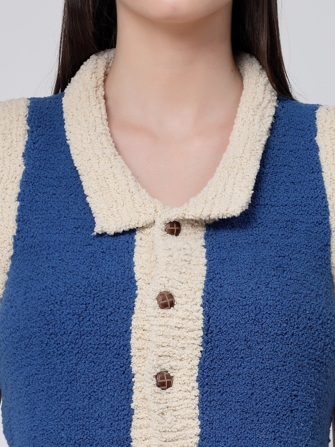 Crochet Self Design Front Open Faux Fur Sweater Vest - Blue