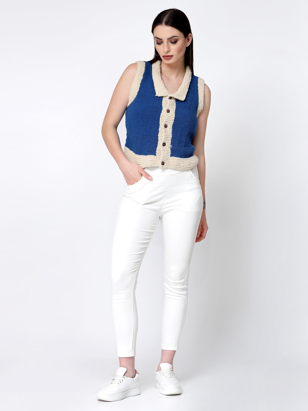 Crochet Self Design Front Open Faux Fur Sweater Vest - Blue