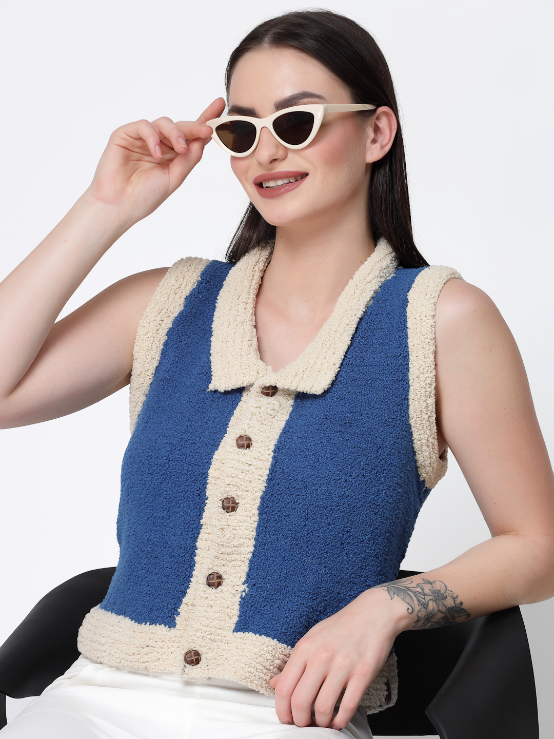 Crochet Self Design Front Open Faux Fur Sweater Vest Blue