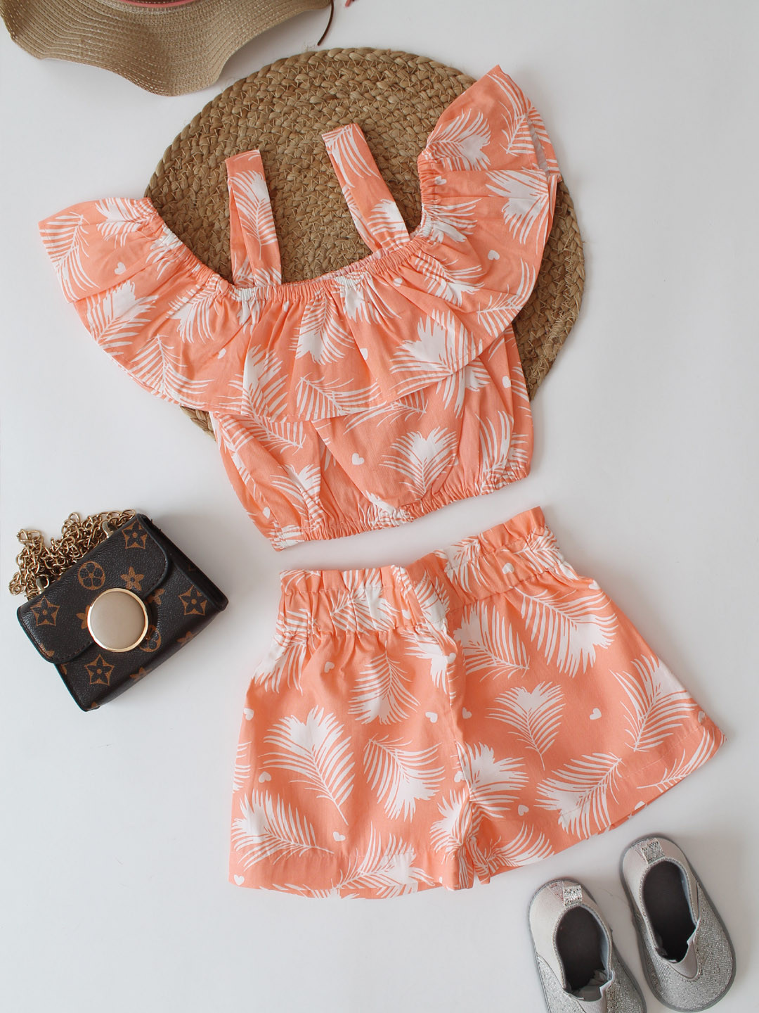 Floral Cold Shoulder Co ord Girls Set with Top & Shorts -Orange