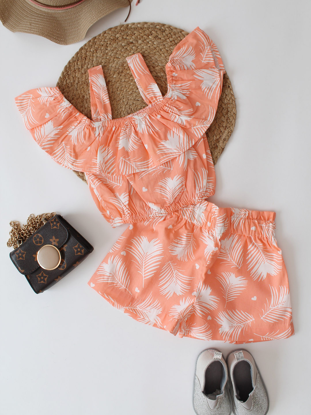 Floral Cold Shoulder Co ord Girls Set with Top & Shorts -Orange