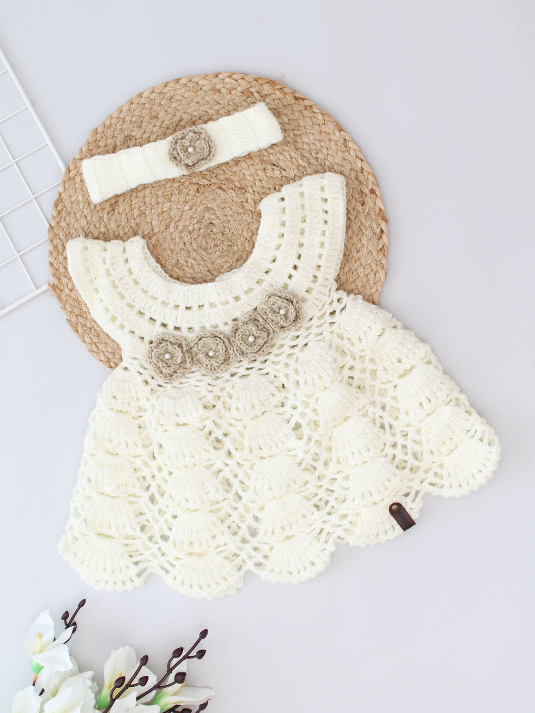 Floral Crochet Woollen Frock with Headband for Infants - Cream