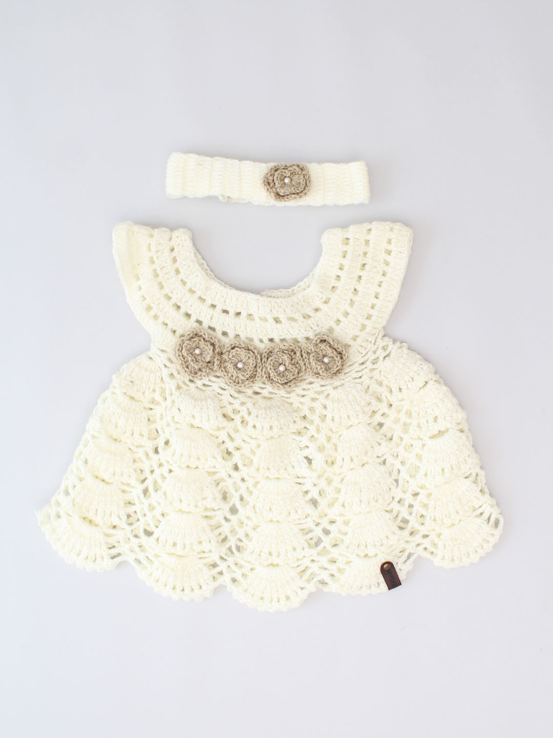 Floral Crochet Woollen Frock with Headband for Infants - Cream