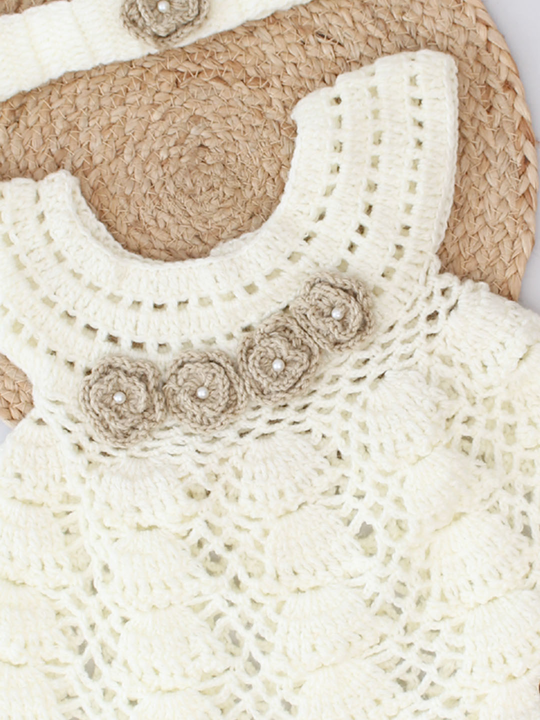 Floral Crochet Woollen Frock with Headband for Infants - Cream