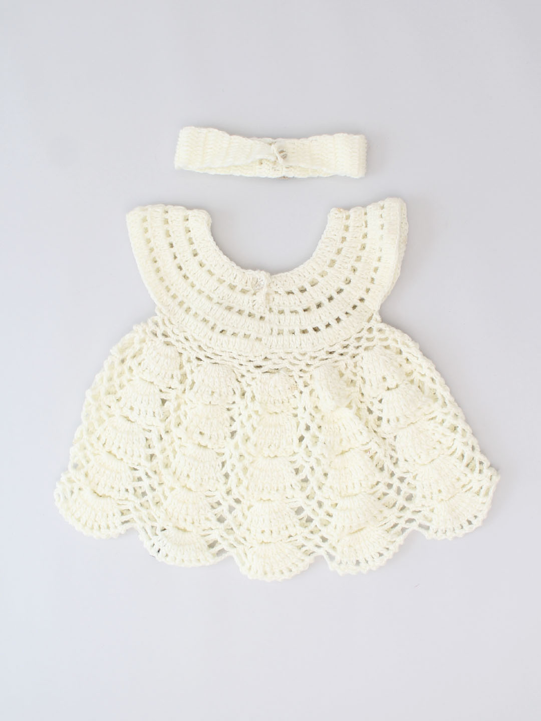 Floral Crochet Woollen Frock with Headband for Infants - Cream