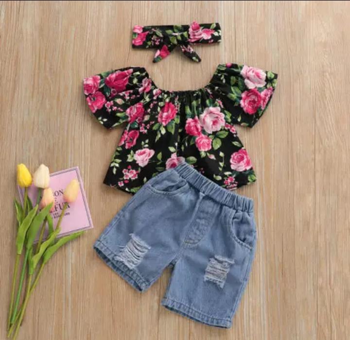 Floral Crop Top With Denim Bottom  Headband
