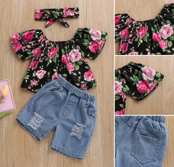 Image of Floral Crop Top With Denim Bottom &amp; Headband