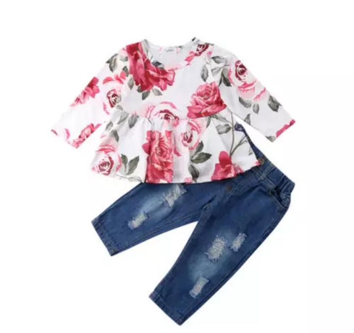 Floral Full Sleeve Top With Denim Pant