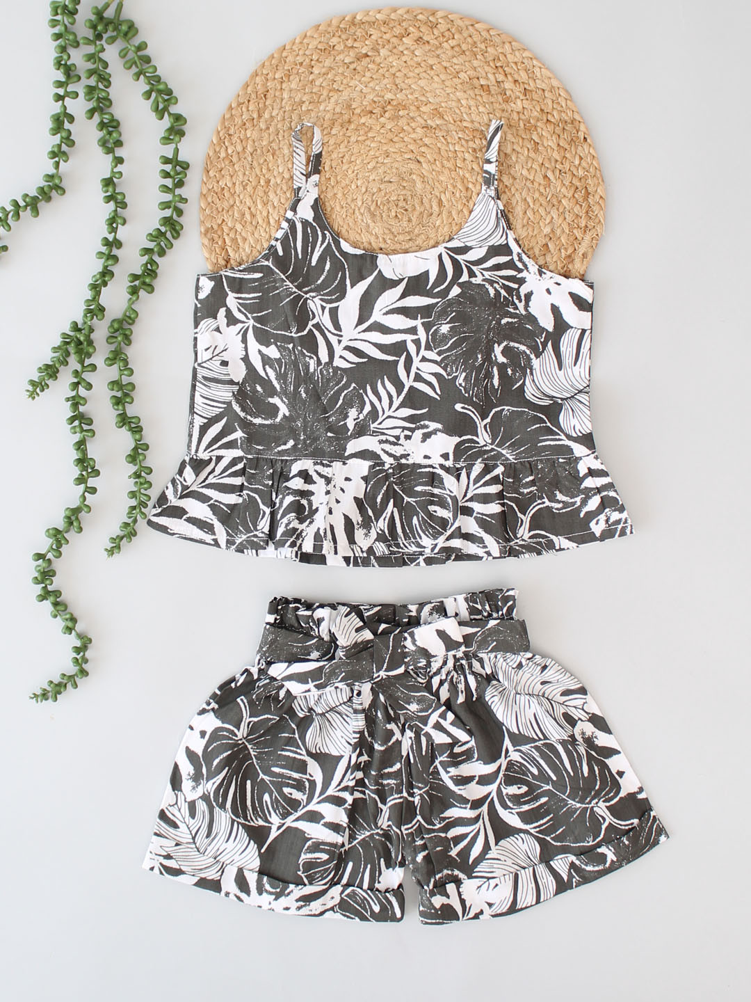 Forest Leaves Printed Top With Co ordinating Shorts Set - Grey