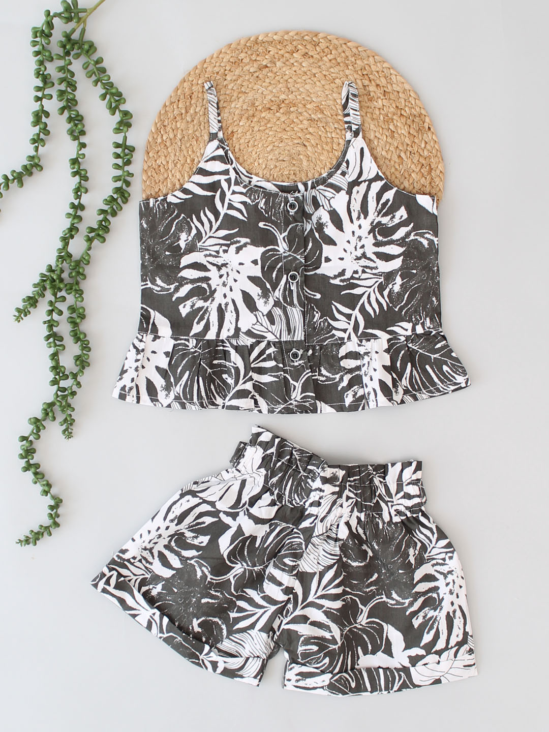 Forest Leaves Printed Top With Co ordinating Shorts Set - Grey