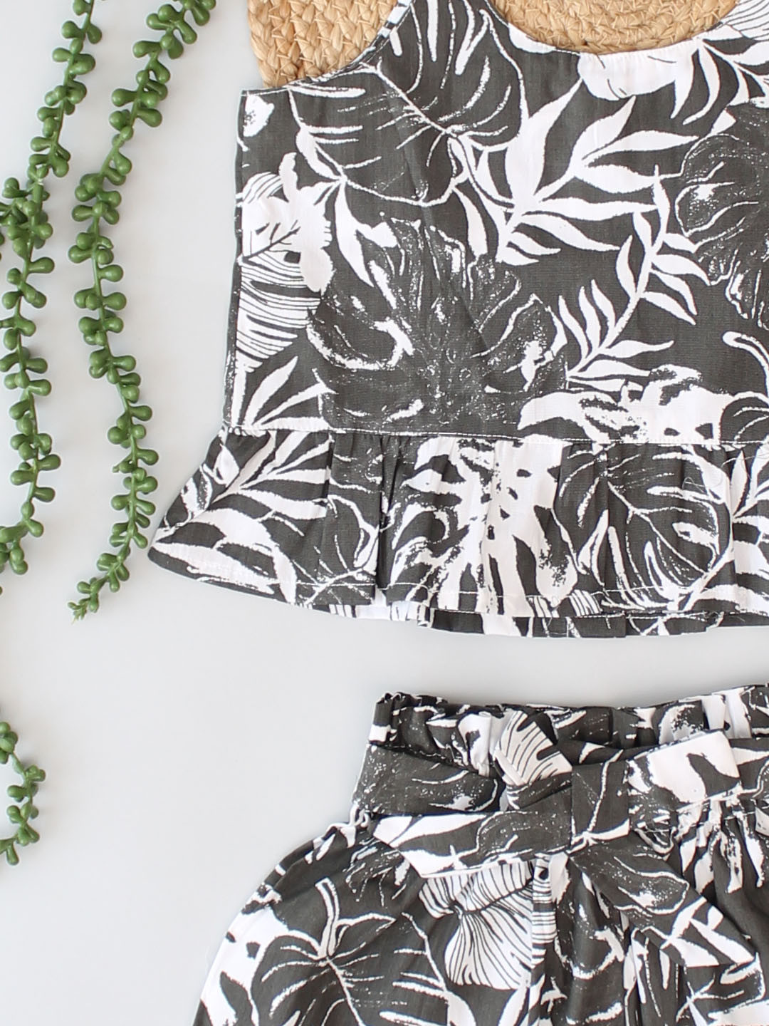 Forest Leaves Printed Top With Co ordinating Shorts Set - Grey