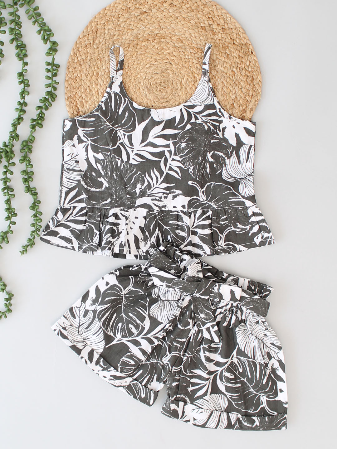 Forest Leaves Printed Top With Co ordinating Shorts Set - Grey