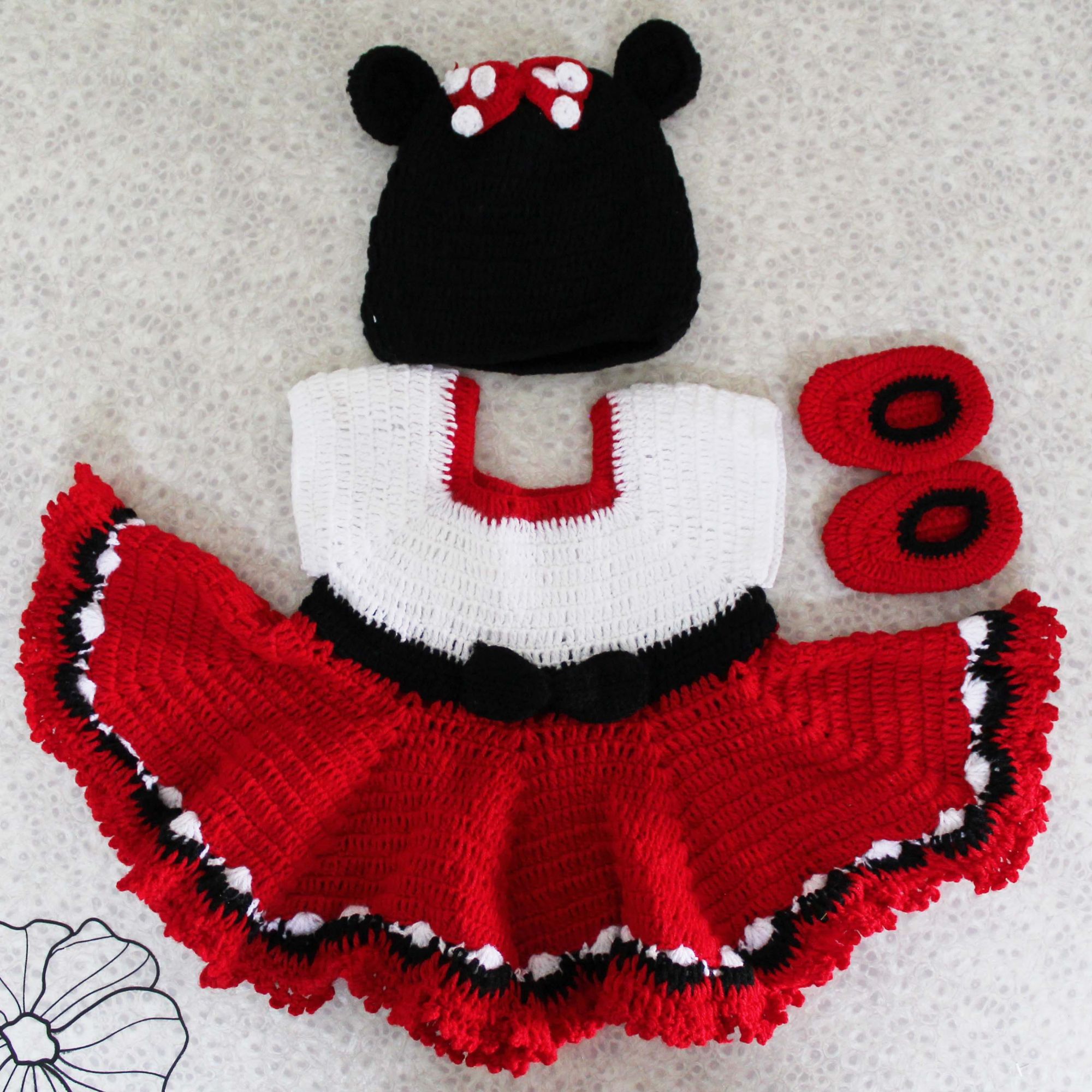 Red and White Heavy Frill Woolen Frock with Cap