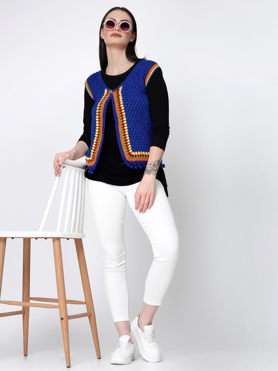 Crochet Womens Front Open Flat Granny Stitch Sweater - Blue