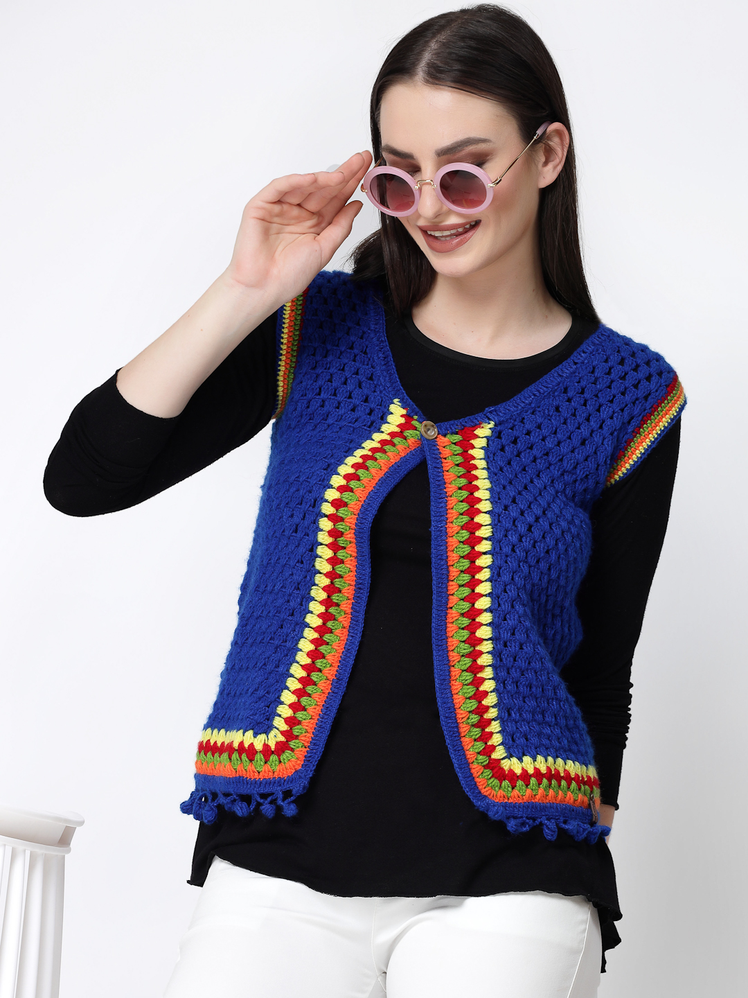 Crochet Womens Front Open Flat Granny Stitch Sweater - Blue