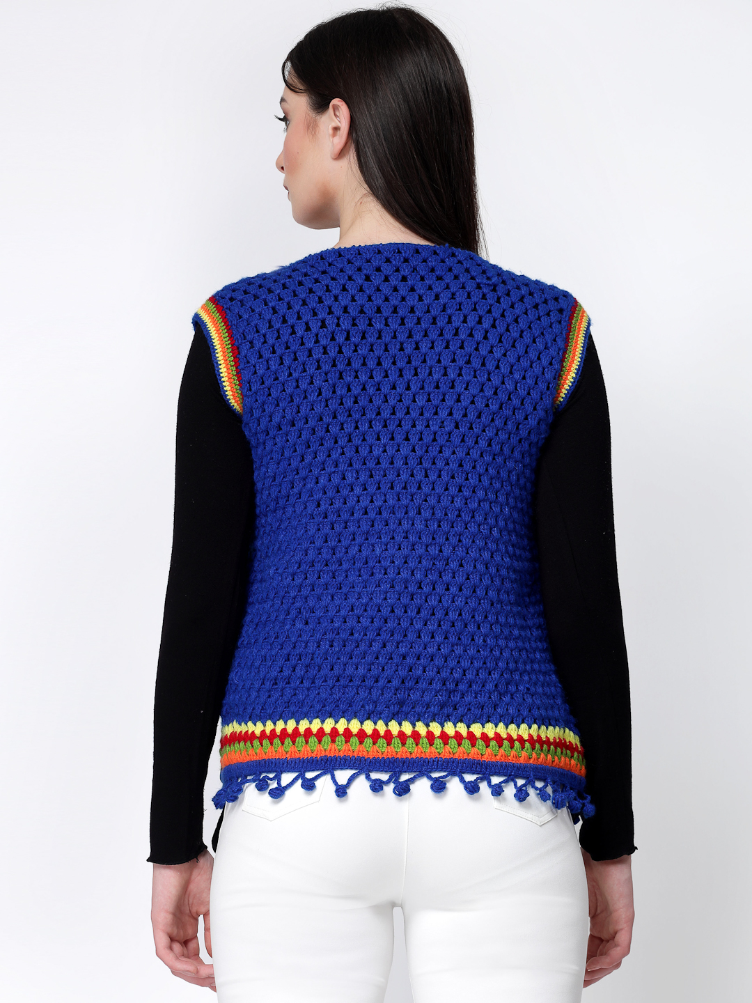 Crochet Womens Front Open Flat Granny Stitch Sweater - Blue