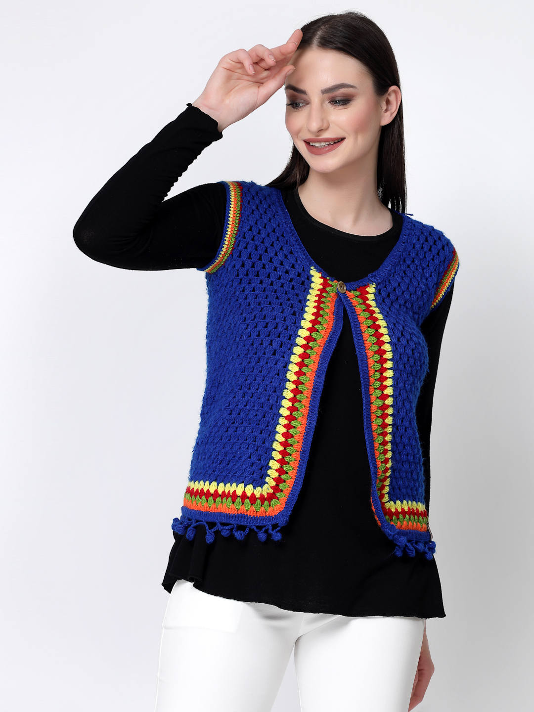 Crochet Womens Front Open Flat Granny Stitch Sweater - Blue