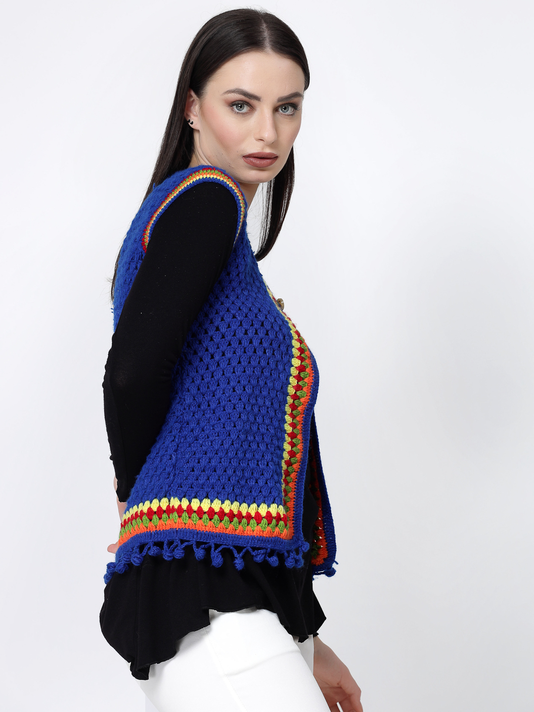 Crochet Womens Front Open Flat Granny Stitch Sweater - Blue